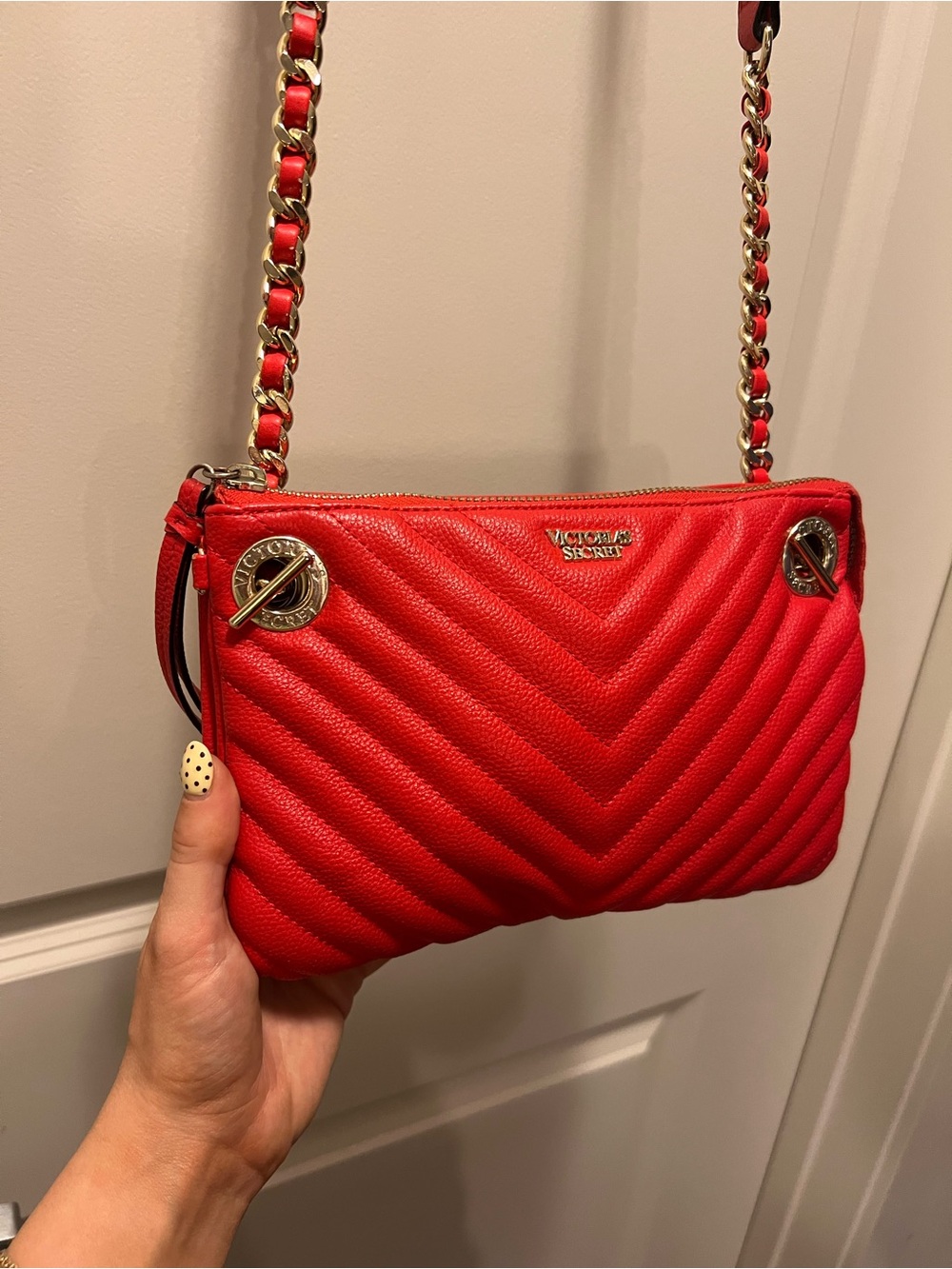 Victoria's Secret Love Victoria Red Quilted Chain-Strap Crossbody Bag